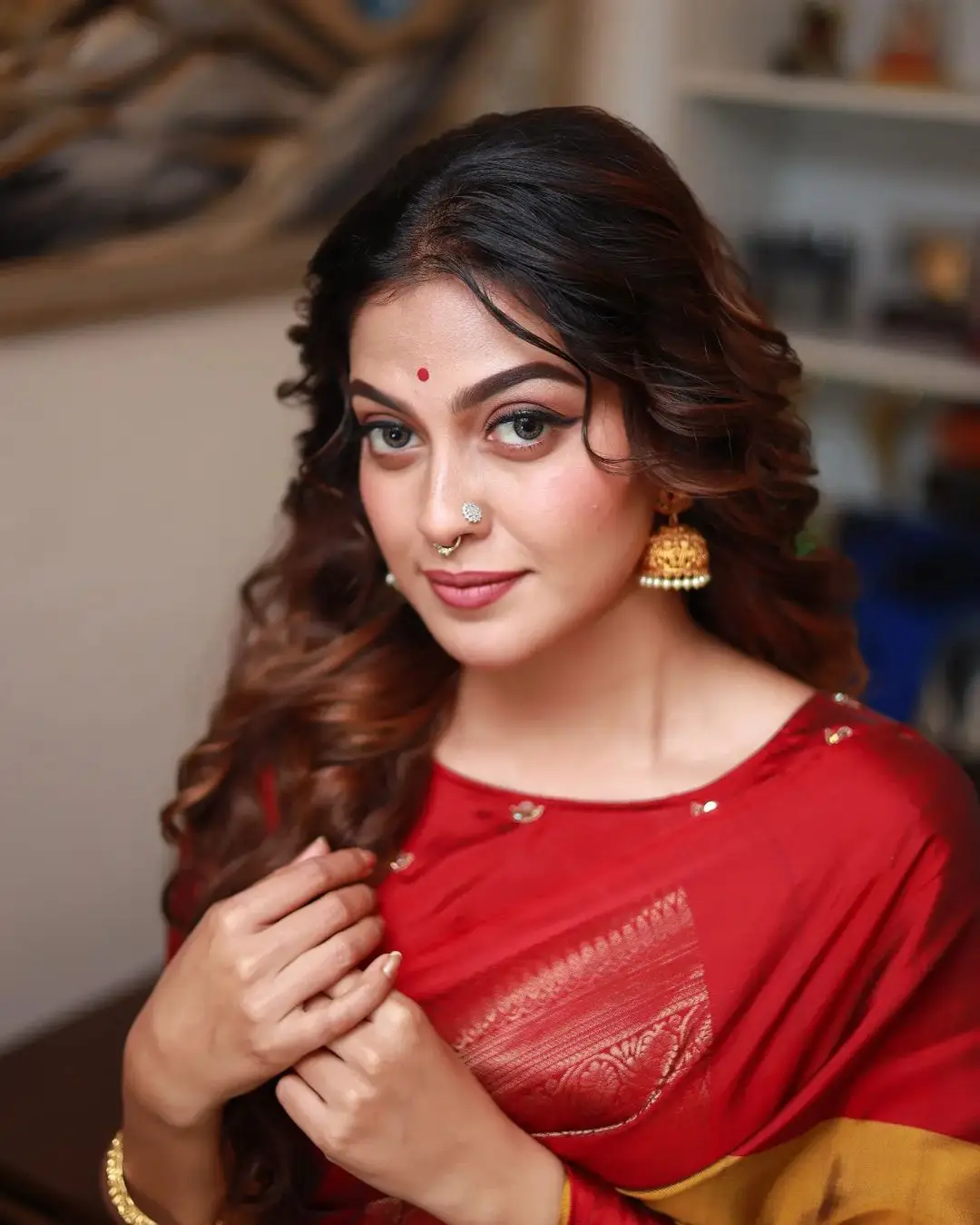 Indian Actress Anusree Nair in Red Color Saree Blouse